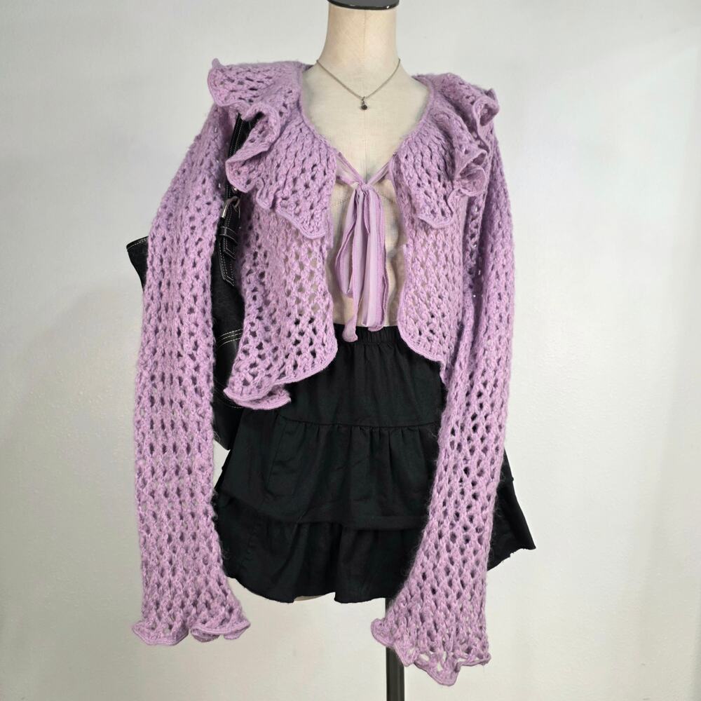 Lavender Ruffle Crochet Cardigan Tie Fairycore Sweater Coquette Kimchi Blue